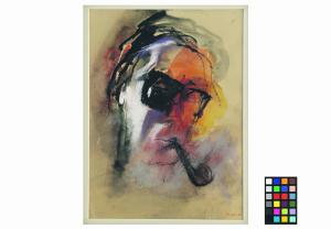 Eugen Kask. Autoportree piibuga. 1984, pastell, akvarell. Erakogu.