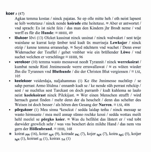 Sõnaartikkel koer Heinrich Stahli tekstide sõnastikus. 