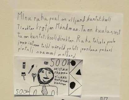 Eesti raha kavand Viljandi kunstikooli  2014. aasta kevadnäituselt.  Roosi Mändmaa, 2014.