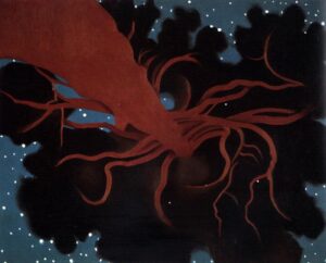 Georgia O’Keeffe’i maal „Lawrence’i puu“ (1929). Maalil kujutatud männi all tavatses, selg vastu tüve, kirjutada D. H. Lawrence