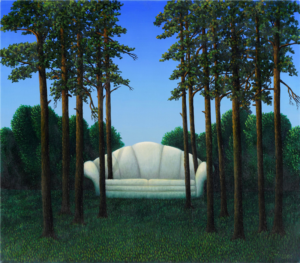 Toomas Vint. Diivan männisalus. Õli, lõuend, 2000. Selline vaade kangastus Toomas Vindi romaani „Kaine kuu ja purjus päike“ peategelasele, kes sattus joomatuuril linnalähedasse metsa. 